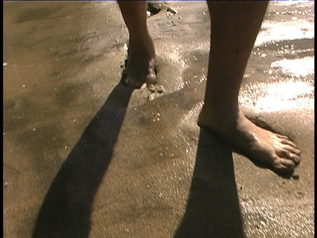 closeup of footprints walking in wet sand