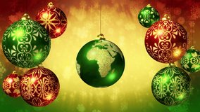 Christmas background loop with the Earth as a rotating Xmas ball. Red, green and gold baubles on a background of snowflakes falling. In 4K Ultra HD, HD 1080p and smaller sizes.