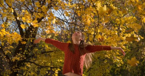 Happy woman in autumn park. Joyful and excited young woman having fun throwing yellow leaves in the sunny fall park. Slow motion 120 fps. 4k graded from RAW, UHD, Ultra HD resolution.