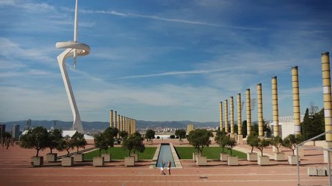 BARCELONA, CATALONIA, SPAIN - Circa October, 2014 - Tourists visit Olympic Park on Montjuïc, home of the 1992 summer Olympics.