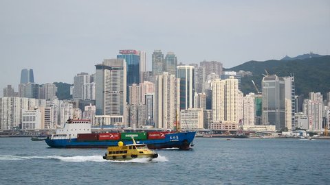 Hong Kong China - Circa September 2014 Victoria Harbour and Hong Kong Skyline Daytime - Hong Kong China