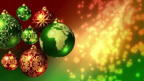 Loop of Merry Christmas in 5 languages with the world as an Xmas ball. The text 