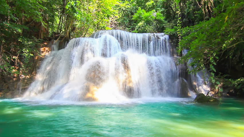 HD : Waterfalls In Deep Forest at Huai Mae Khamin Waterfall in National Park Kanchanaburi Thailand