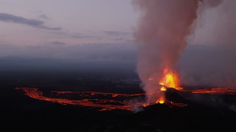 Aerial night volcano lava Holuhraun magma land fissures seismic activity hydrothermal heat steam gas cloud Iceland RED EPIC