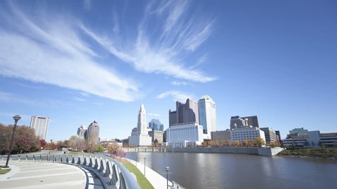 COLUMBUS, USA - NOV 9, 2011: 4K Time lapse of Columbus skyline and the Scioto River at daytime. Columbus is the capital of Ohio