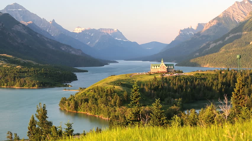 Beauty in nature Prince of Wales Hotel, elevated view across Waterton Lakes National Park, Alberta, Canada
