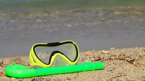 Mask for diving on a beautiful sandy sea beach, Diving mask for enjoying the sea, Video clip