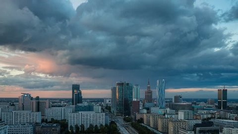 Warsaw Skyline Dusk City Timelapse with cloud Dynamic, Polish Capital