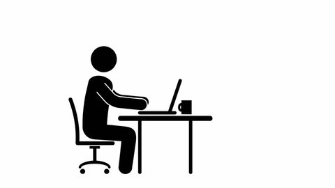 Pictogram man sitting at a computer, drinking coffee.