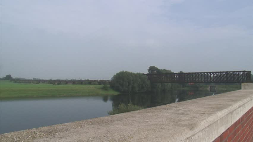 SALMORTH, GERMANY pan floodplains Old Rhine (Altrhein) nature reserve with the remains of a truss railway bridge, built between 1863 and 1865, part of the railway line between Elten and Griethausen,