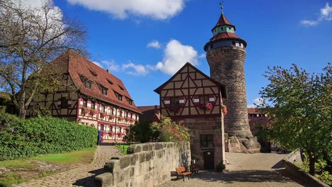 Nuremberg Castle (Sinwell tower) with blue sky and clouds timelapse, Germany
