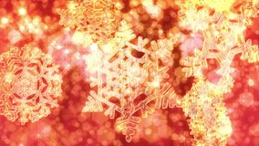 Big Christmas snowflakes loop with sparkly defocused snow or glitter background. Red version. In 4K Ultra HD, HD 1080p and smaller sizes.