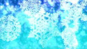 Big Christmas snowflakes loop with sparkly defocused snow or glitter background. Light blue version. In 4K Ultra HD, HD 1080p and smaller sizes.