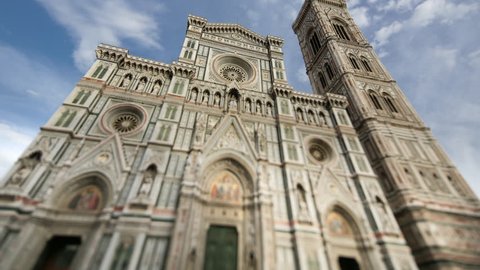 4K time-lapse of the front facade of the famous landmark cathedral 'The Basilica di Santa Maria del Fiore' (also known as the Duomo di Firenze) in Florence, Italy.