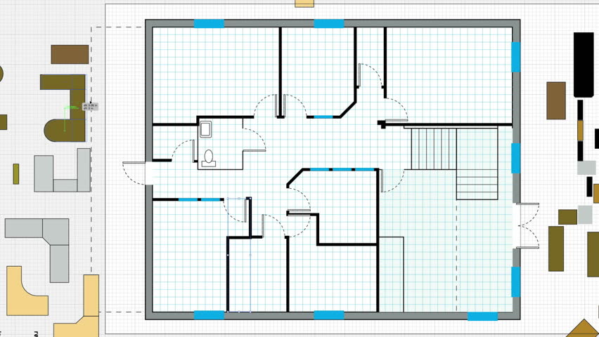 Designing a building's floorplan in a CAD system.  Fictional layout created in