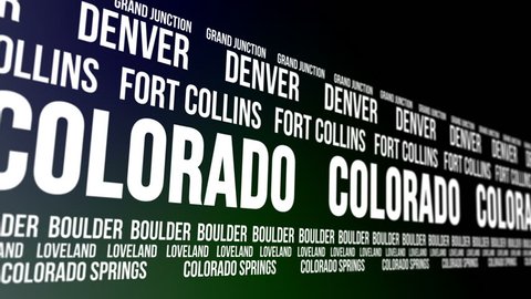 Animated scrolling banner with the Colorado state name and some of the names of major and well known cities within the American state.