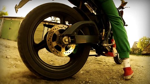 Motorcycle spinning wheel, close up
