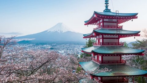 timelapse view of Red Pagoda with Mt Fuji on the background 