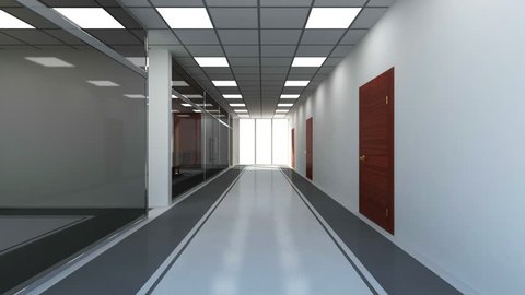 Animation of Modern Empty Office 3D Interior. Camera Flying from Corridor to Meeting Room. HQ Video Clip