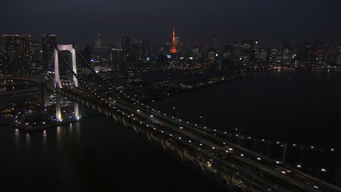 Aerial illuminated Metropolis city Rainbow Bridge transport night Tokyo Tower Bay travel Odaiba District Japan Asia