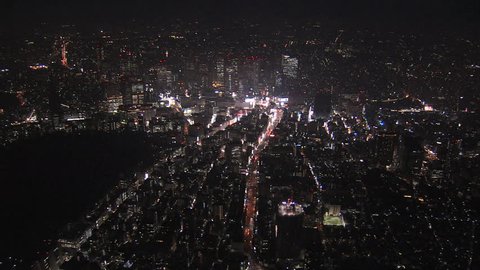 Aerial Metropolis illuminated nightlife Tokyo city Kabukicho entertainment district neon lights Business Shinjuku Japan