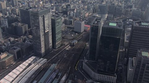 Aerial city office buildings population Shinkansen Bullet train Tokyo Rail travel Japanese National Railway