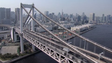Aerial Rainbow Suspension Bridge Metropolis Odaiba travel Tokyo Bay Shuto Expressway vehicle Japan