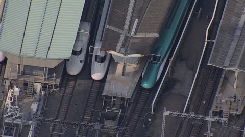 Aerial Shinkansen high speed Bullet trains TGV Tokyo Rail station travel Japanese National Railway Asia