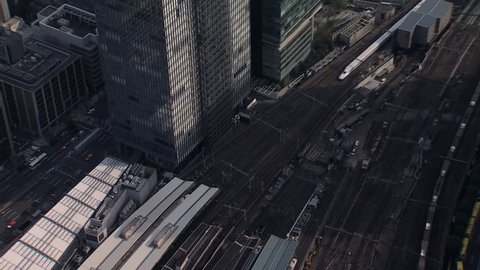 Aerial zoom TGV high speed Shinkansen Aerodynamic train Tokyo Metropolis Rail Station Japanese Railway