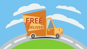 Free delivery flat van on the road with clouds and trees. 4K loopable video clip. Animation.