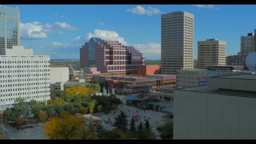 Pan of Churchill Square in downtown Edmonton Alberta from high angle. 
