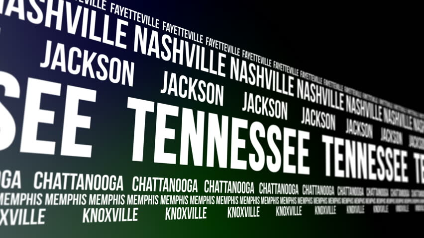 Animated scrolling banner with the Tennessee state name and some of the names of major and well known cities within the American state.