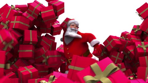 Santa Claus crashes through presents and waves to camera