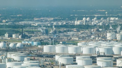 Panning Across the Vast Oil Refineries and Chemical Plants of Deer Park Industrial Area in Houston TX on a Warm and Sunny Texas Day