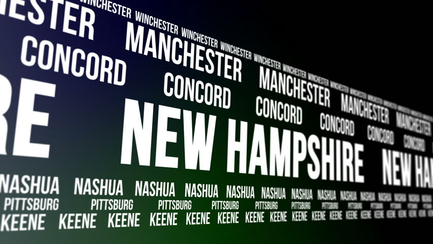 Animated scrolling banner with the New Hampshire state name and some of the names of major and well known cities within the American state.