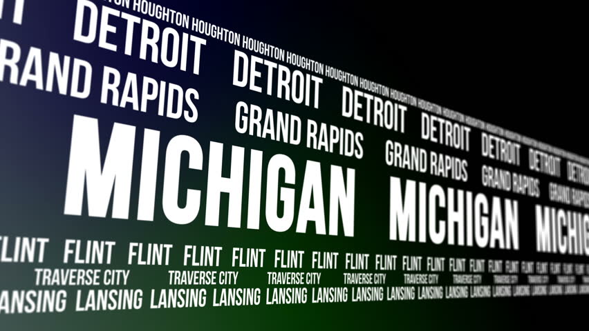 Animated scrolling banner with the Michigan state name and some of the names of major and well known cities within the American state.