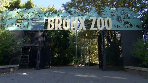 Visitors entering and exiting the Bronx Zoo at a gated entrance under a large Bronx Zoo sign,