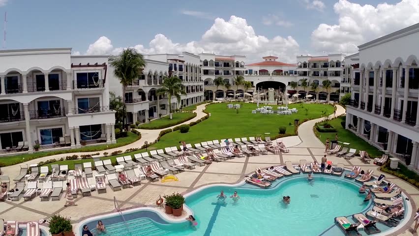 Aerial shot of a swimming pool at a resort in Mexico