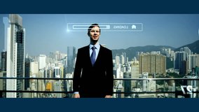 3D video montage Caucasian businessman online interactive touch screen banking roof Hong Kong app motion graphics