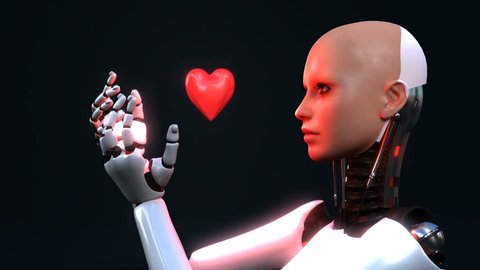 robot android woman holding a love heart beautiful 3d rendering with matte for easy compositing into your own scenes
