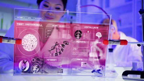 Medical Science Motion Graphics Touch Screen Technology Asian Chinese Female Lab Researcher DNA Scientific Analysis CG