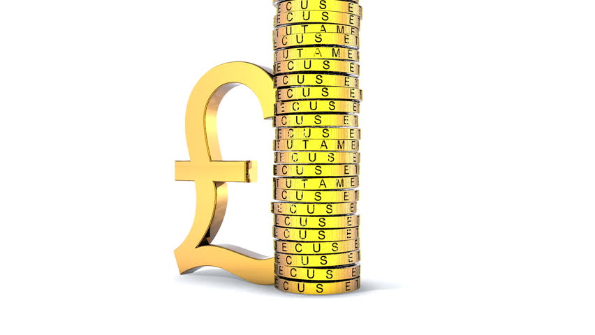 Pound Sterling Symbol hits stack of Pound Coins