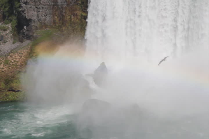 Niagara Falls with rainbow in the mist. Wide shot. SD. American side of horseshoe falls. Niagara Falls, New York, USA. 