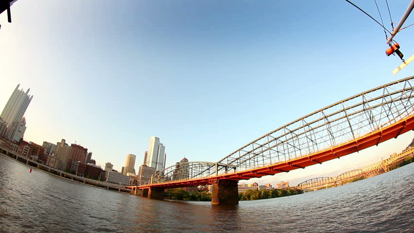 The skyline of Pittsburgh, Pennsylvania as seen from the river at dusk.