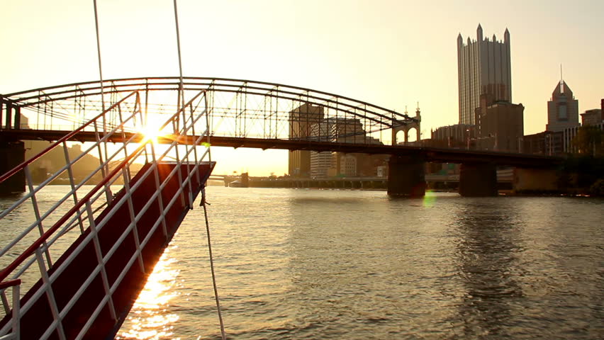 The skyline of Pittsburgh, Pennsylvania as seen from the river at dusk.