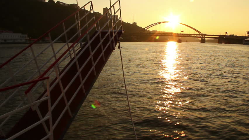 The skyline of Pittsburgh, Pennsylvania as seen from the river at dusk.