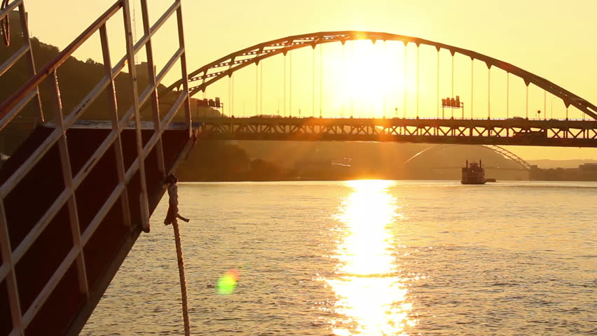 The skyline of Pittsburgh, Pennsylvania as seen from the river at dusk.