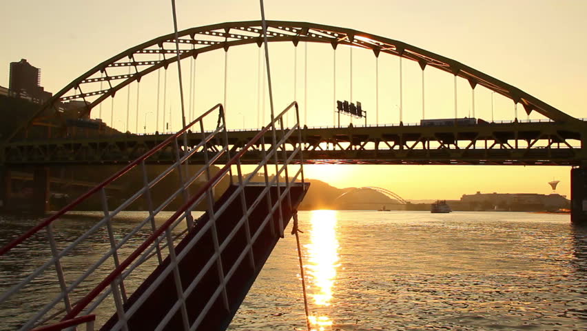 The skyline of Pittsburgh, Pennsylvania as seen from the river at dusk.