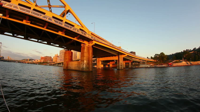 The skyline of Pittsburgh, Pennsylvania as seen from the river at dusk.