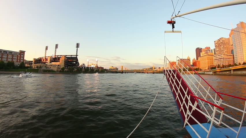 The skyline of Pittsburgh, Pennsylvania as seen from the river at dusk.